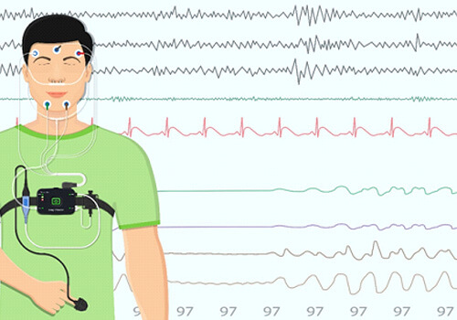 illustration of a person in a sleep study with results