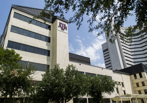 Exterior of tall academic building at Texas A and M University